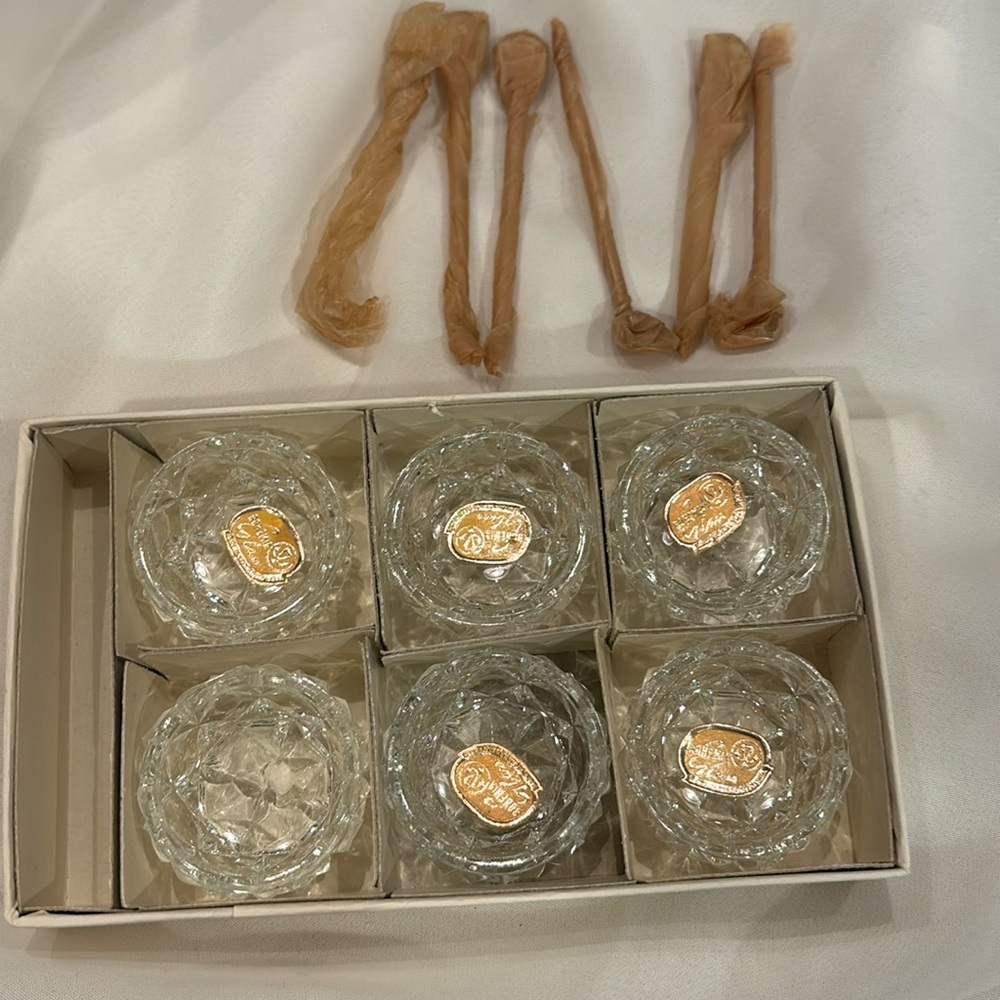SET 6 BOHEMIA CZECH GLASS SALT CELLARS ORIG BOX LABELS SPOONS *EXC  20